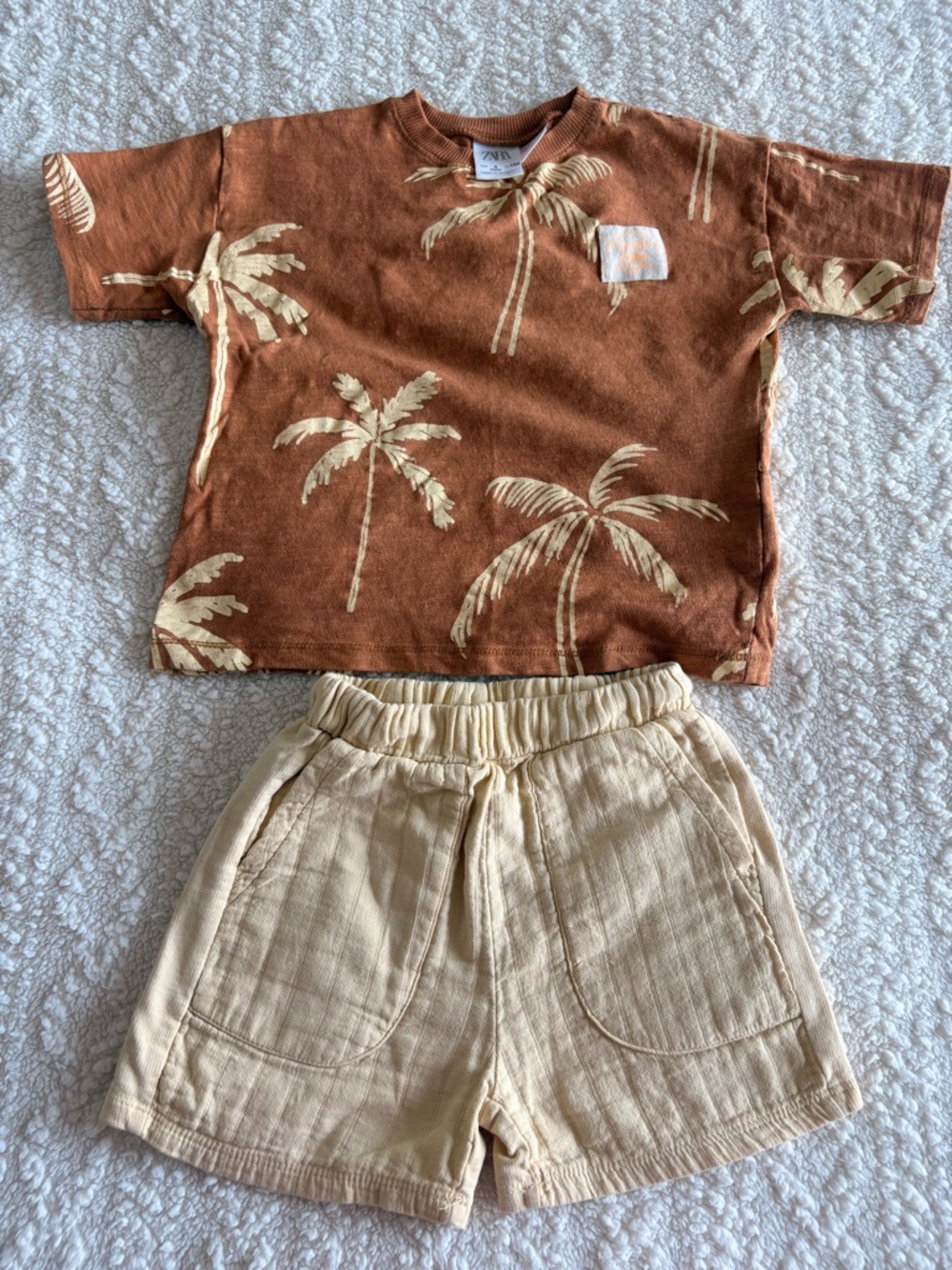 Zara Rust Palm-Print Tee with Cream Shorts